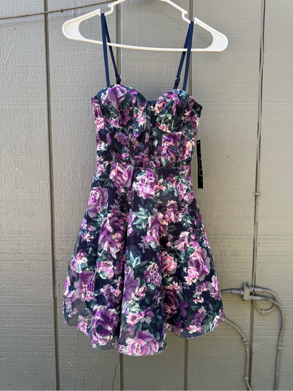 Trixxi Navy Dress with Purple Floral Print and Spaghetti Straps